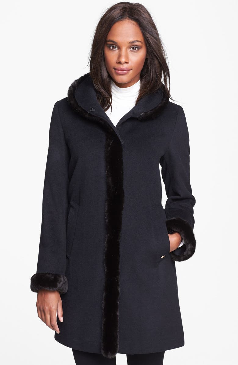 Ellen Tracy Faux Fur Trim Wool Blend Coat, Main, color,
