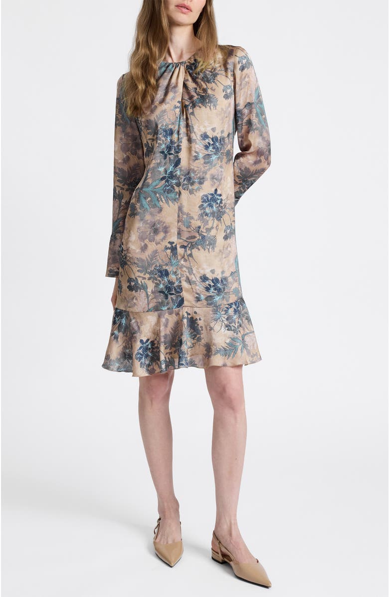 Santorelli Drake Long Sleeve Ruffled Skirt Shift Dress, Main, color, Dune