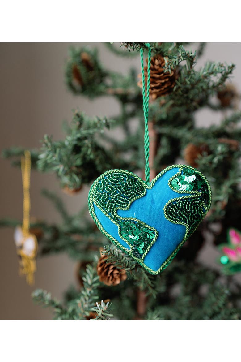 Larissa Plush Heart Earth Beaded Felt Ornament - Embroidered, Alternate, color, Blue