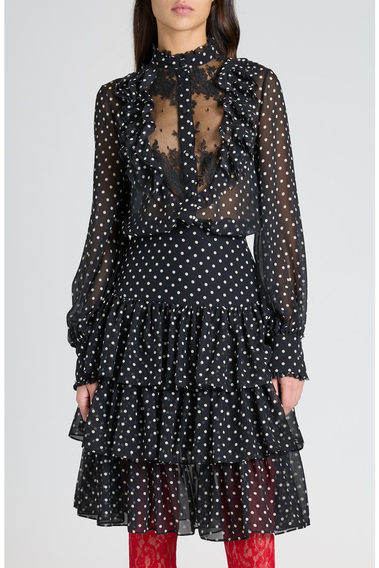 Polka Dot Tulle Bib Button-Up Shirt, Main, color, NERO/ BETULLA