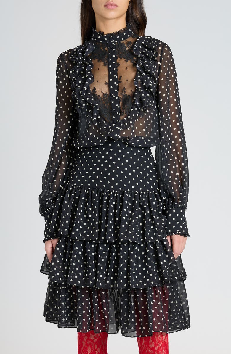 Valentino Garavani Polka Dot Tulle Bib Button-Up Shirt, Main, color, Nero/ Betulla