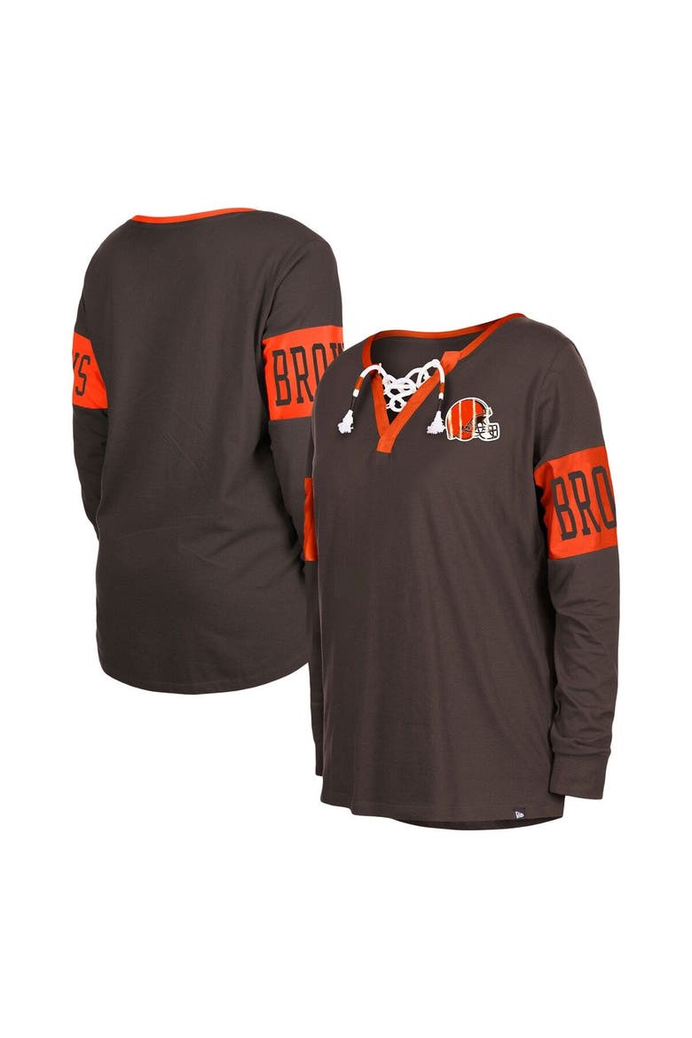 Women's New Era Brown Cleveland Browns Lace-Up Notch Neck Long Sleeve T-Shirt, Main, color, Brown