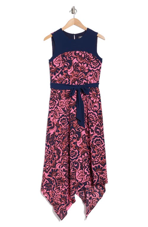 VINCE CAMUTO VINCE CAMUTO COLORBLOCK SLEEVELESS HANDKERCHIEF HEM CREPE MIDI DRESS 