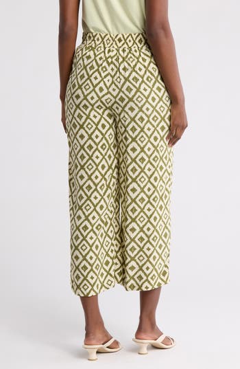 T Tahari Ankle Crop Wide Leg Palazzo Pants In Ivory/green Aztec