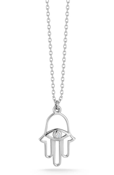 14K White Gold Cutout Diamond Detail Hamsa Necklace -  0.01 ctw