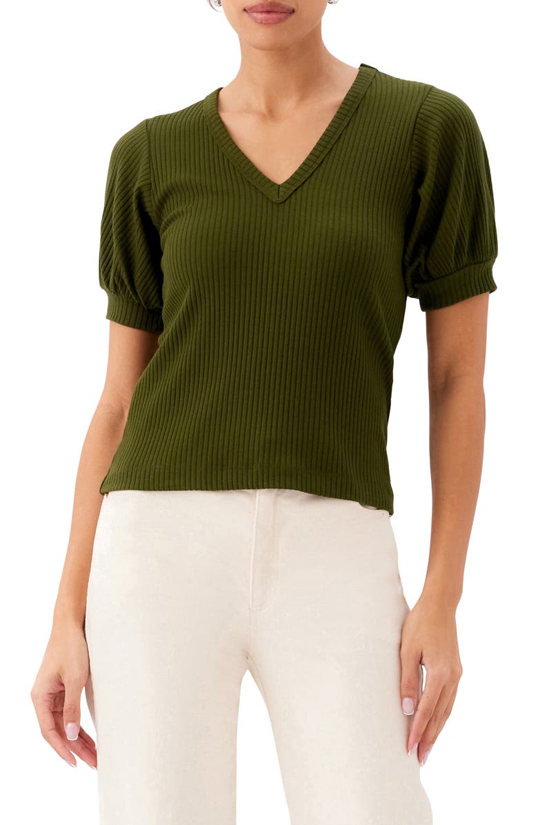 Karen Kane Puff Sleeve Rib V-Neck Top, Main, color, Olive