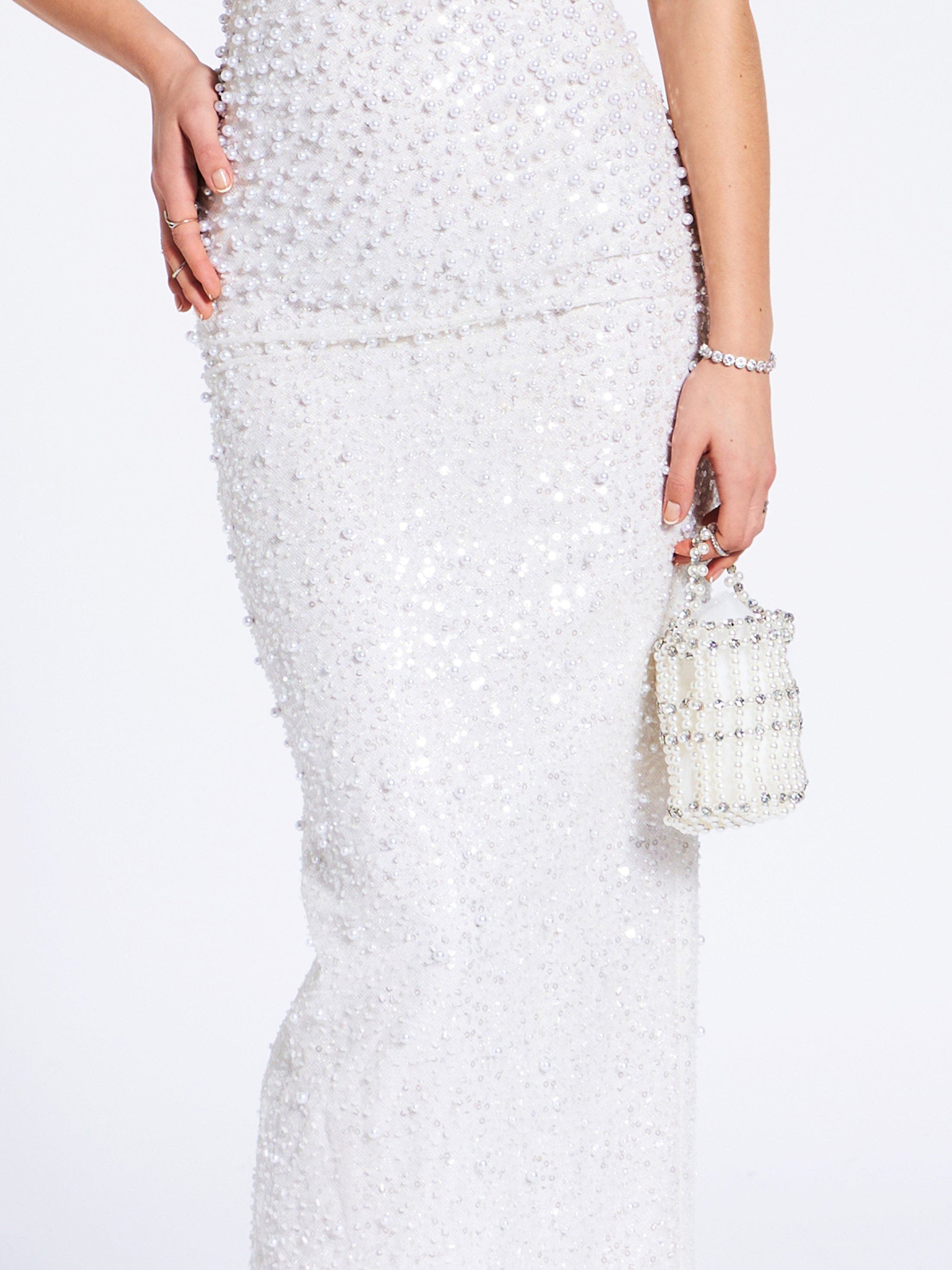 Miss Circle Faux Pearl Crystal Mini Handbag, Alternate, color, White