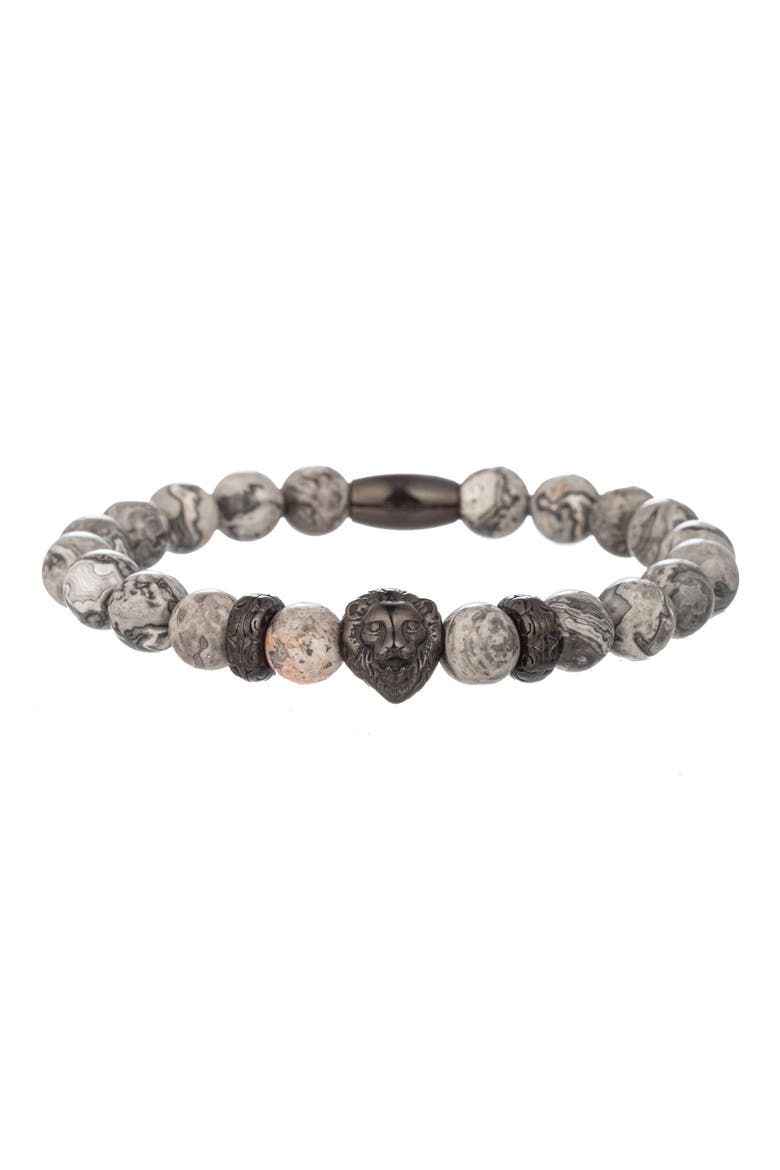Men's Lion Agate Beaded Stretch Bracelet, Main, color, SILVER