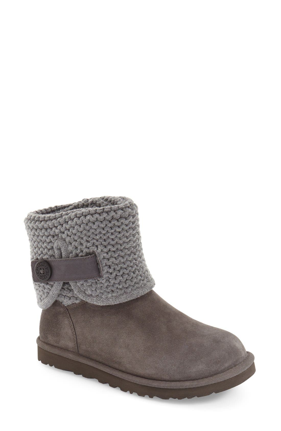 Shaina Knit Cuff Bootie, Main, color, GREY SUEDE
