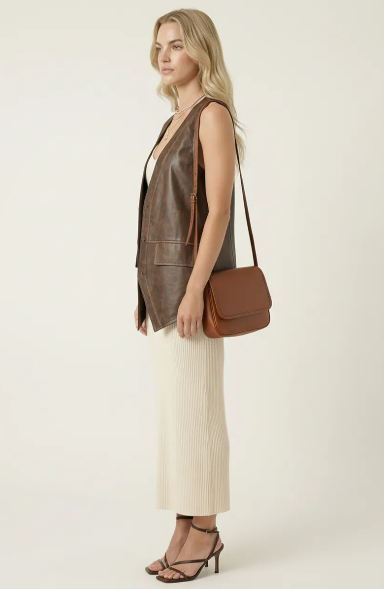 Modenaire Faux Leather Vest with Snap Buttons, Alternate, color, Brown