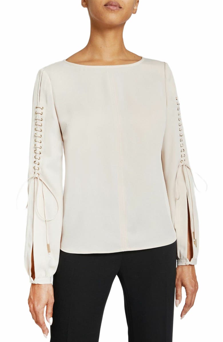 Santorelli LIVI Long Sleeve Top with Grommet Detail in Smooth Crepe, Alternate, color, Ecru