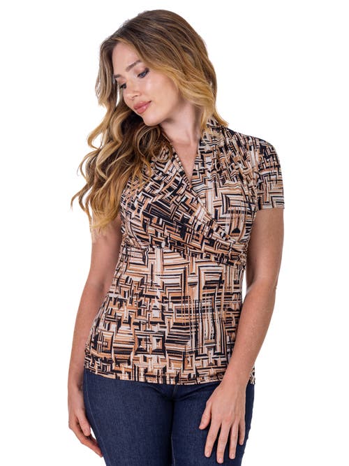 24seven Comfort Apparel Print Short Sleeve V Neck Wrap Top In Brown