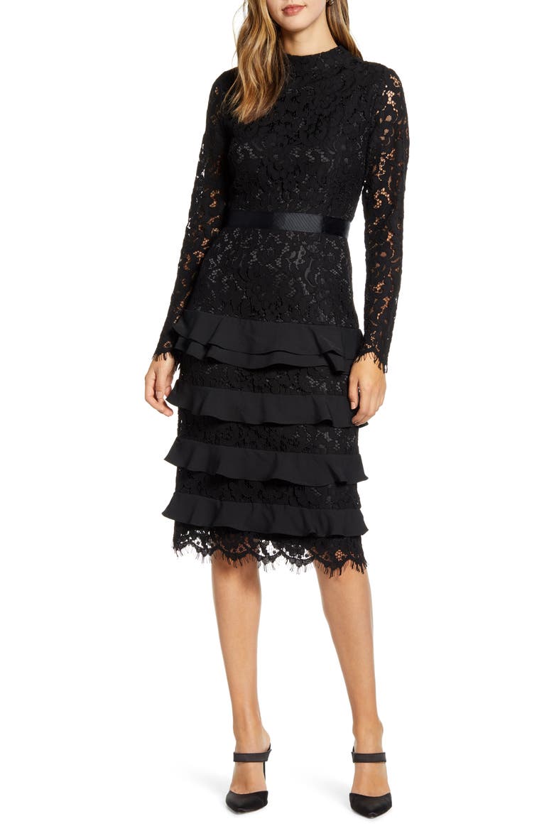 Long Sleeve Lace Dress, Main, color, BLACK