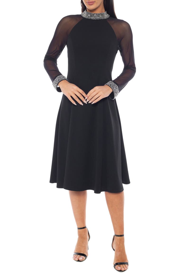 Beaded Mock Neck Cuff A-Line Dress, Main, color, BLACK