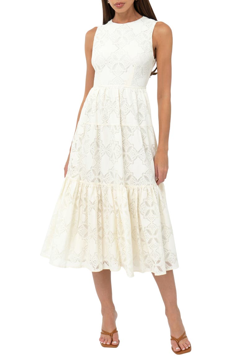 Marina Tiered Lace Midi Dress, Alternate, color, CREAM