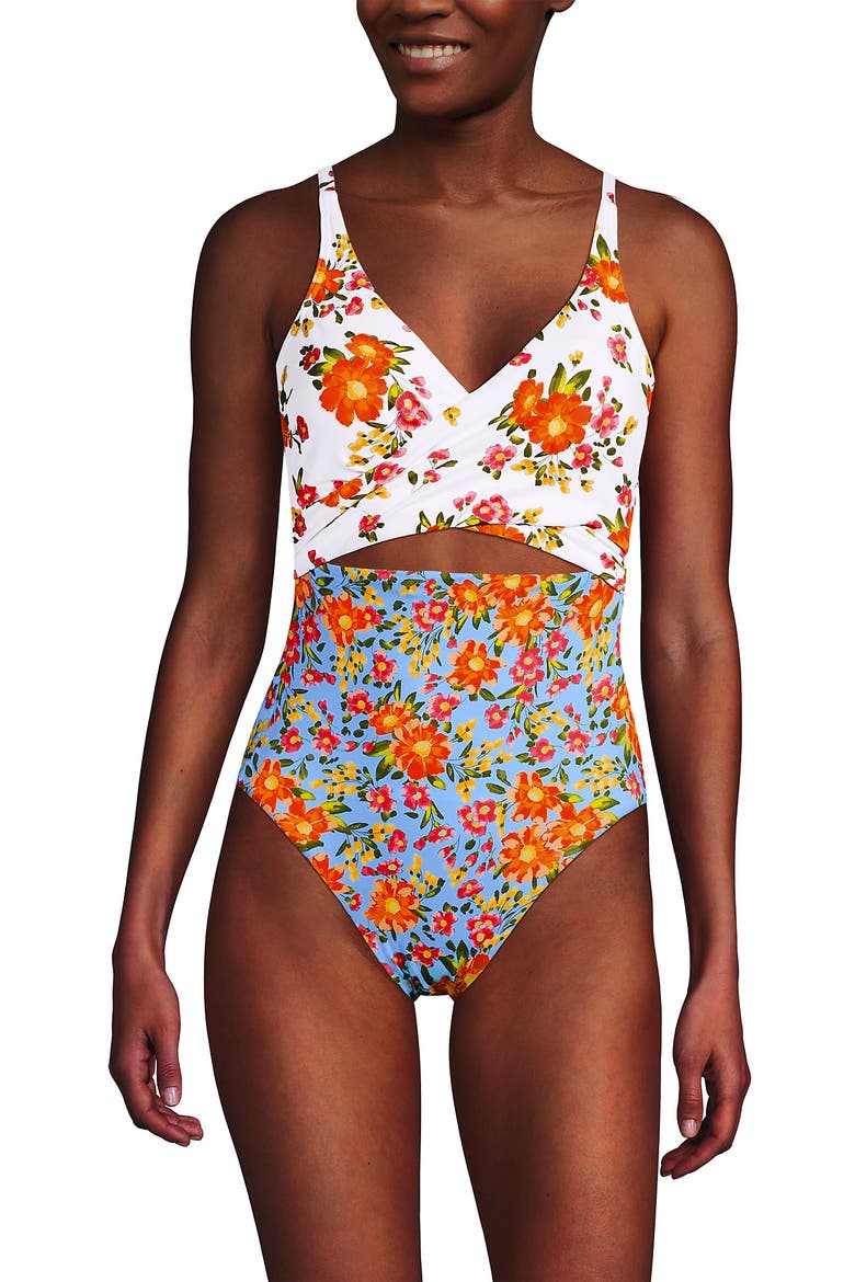Wrap Monokini High Leg One Piece Swimsuit, Alternate, color, White/Blue Spring Floral