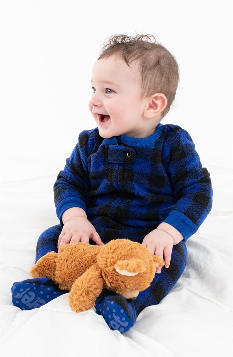 Leveret Footed Fleece Printed Holiday Pajamas, Alternate, color, Plaid Black 
Navy