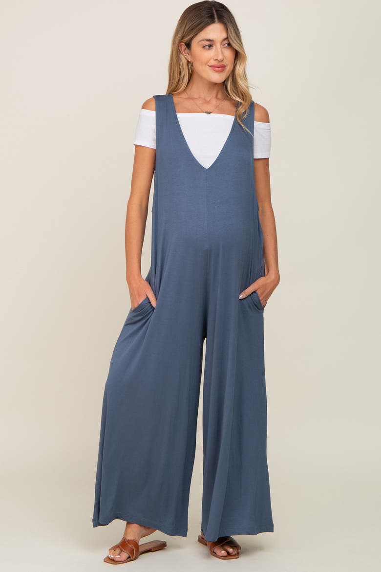 Deep V Sleeveless Wide Leg Jumpsuit, Alternate, color, Blue