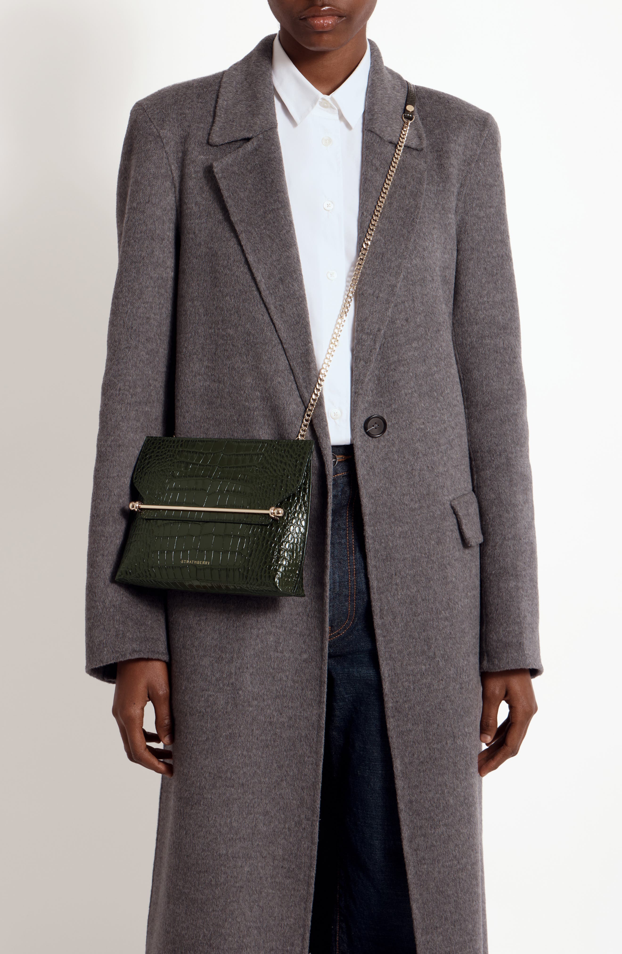 Strathberry Stylist Croc Embossed Leather Clutch, Alternate, color, Forest