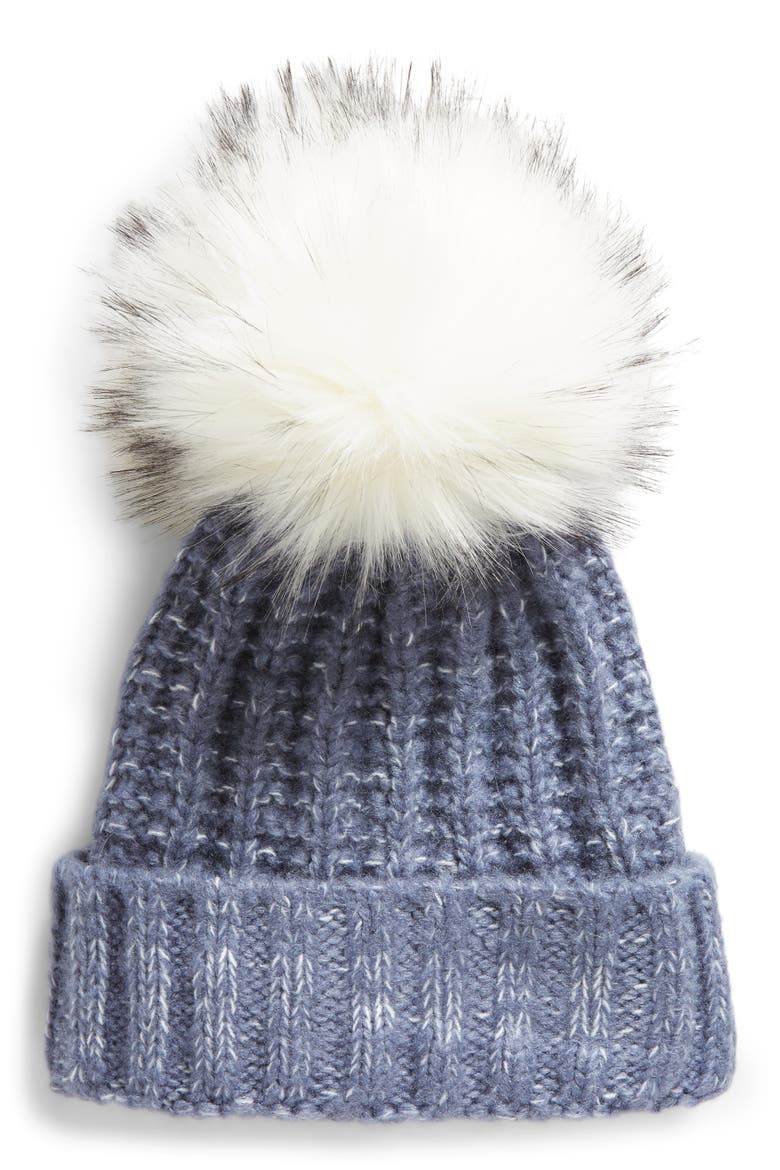 Chunky Ribbed Beanie with Faux Fur Pompom, Main, color, NEW DENIM