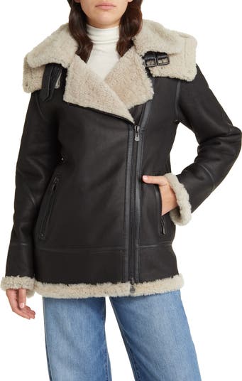 Genuine sold Leather Shearling Coat W/Hood