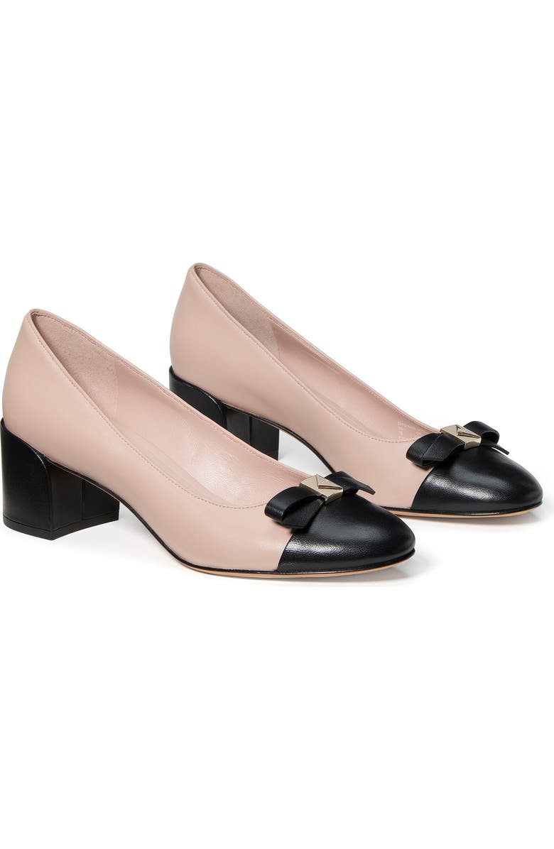 Kate Spade New York deco bow ballet cap toe pump, Main, color, Pale Vellum/ Black