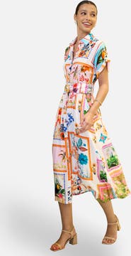Yumi Tropical Postcard Print Midi Shirt Dress