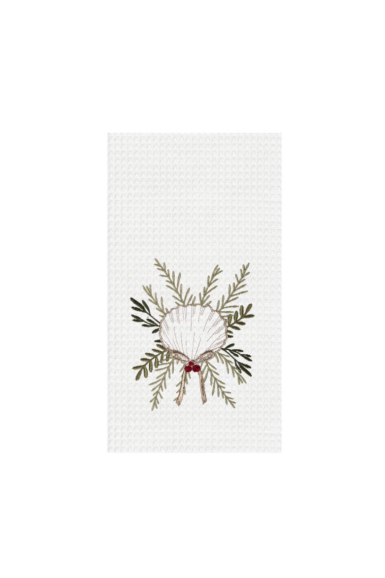 Coastal Tidings Scallop Shell Botanical Christmas Towel, Main, color, White