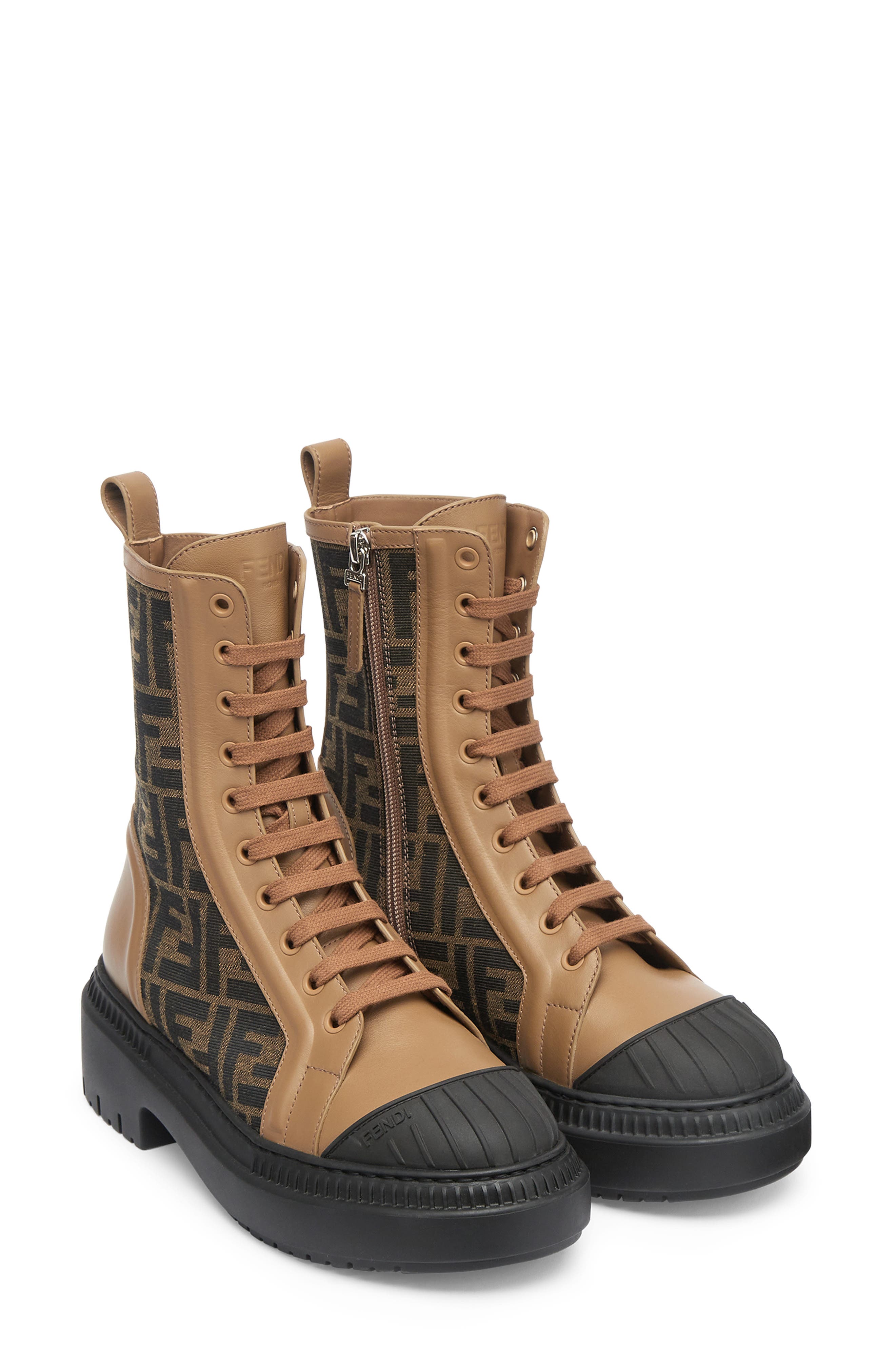 Fendi FF Domino Cap Toe Combat Boot, Main, color, Tabacco Nero/ Sand
