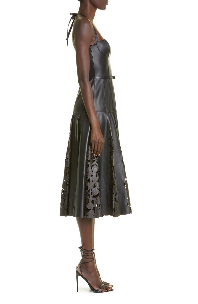 Oscar de la Renta Tulip Belted Laser Cutout Godet Lambskin Leather Dress, Alternate, color, 