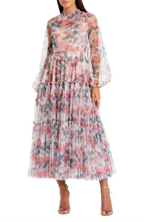 Long Sleeve High Neck Long Balloon Sleeve Midi Dress