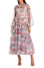 Mac Duggal Long Sleeve High Neck Long Balloon Sleeve Midi Dress