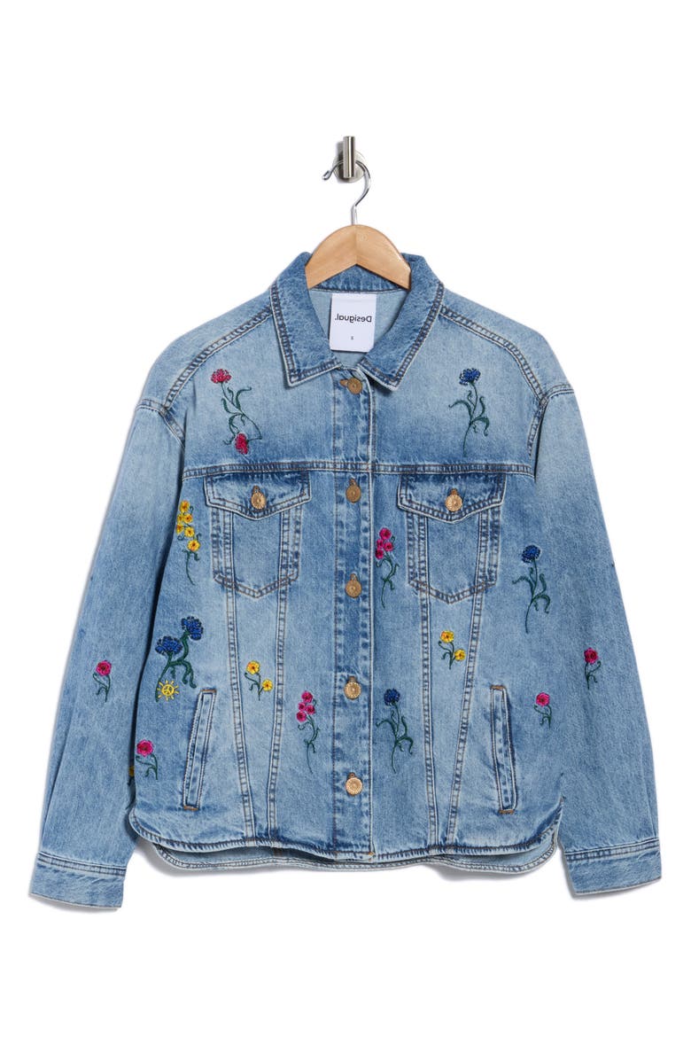 Desigual Embroidered Denim Trucker Jacket, Alternate, color, Medium Blue