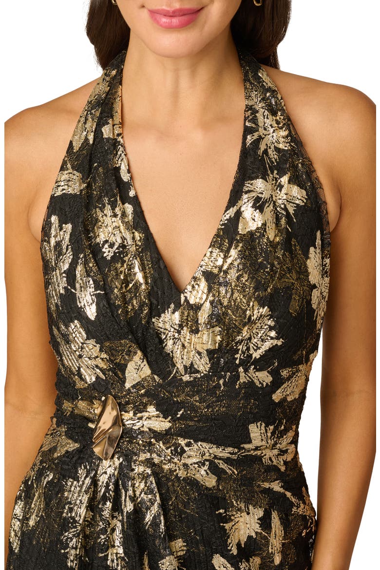 Metallic Lace Shirred Halter Gown, Alternate, color, BLACK/ GOLD