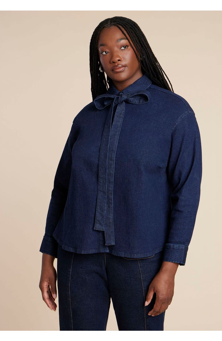 ELOQUII Denim Top With Bow Tie, Main, color, Dark Wash