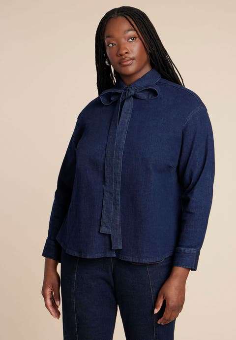 Denim Top With Bow Tie (Plus Available)