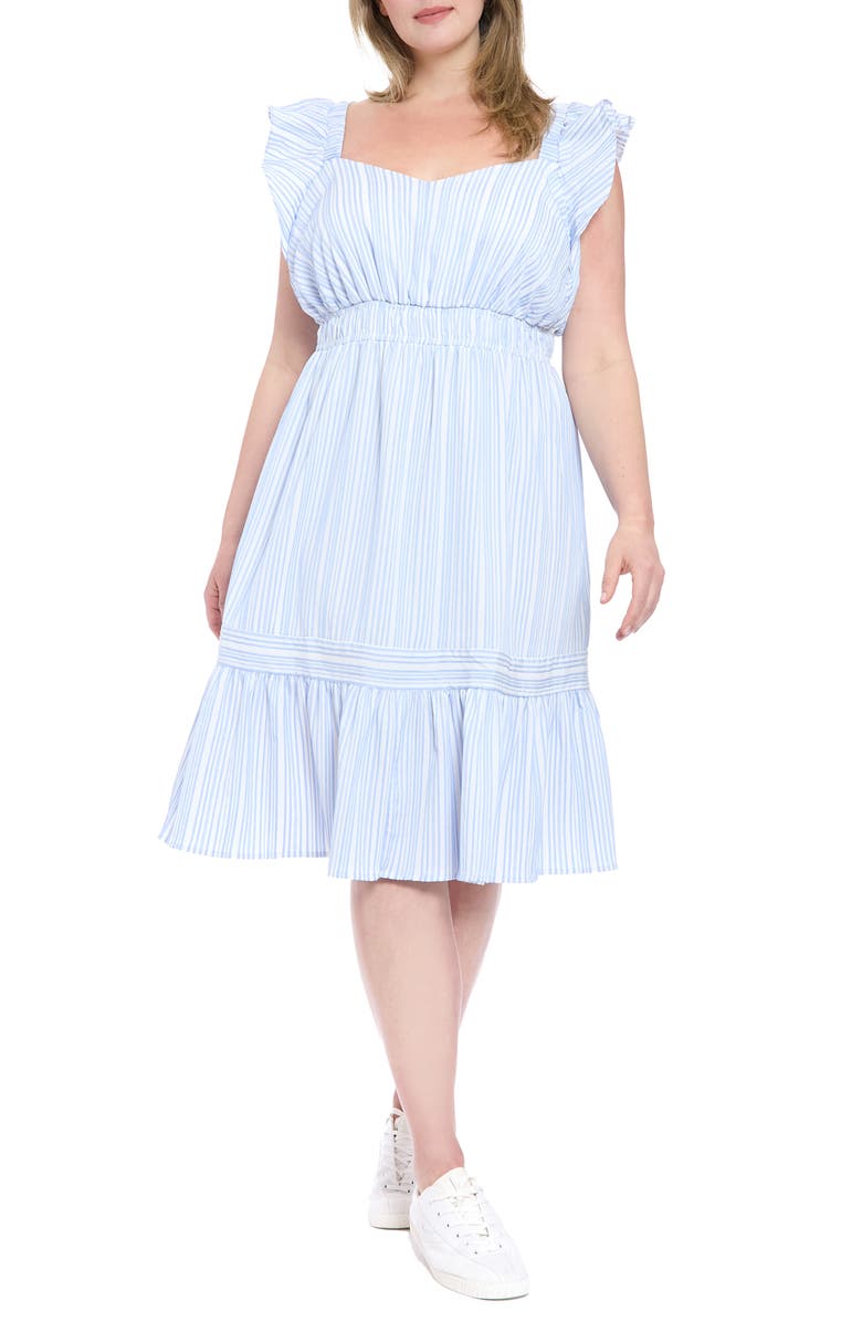 London Times Flutter Sleeve Ruffle Hem Dress, Main, color, Chambray/ White