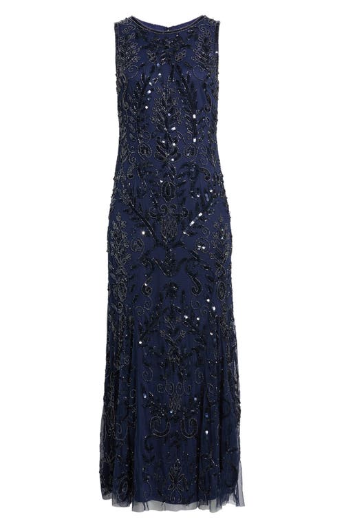 Pisarro Nights Beaded Sleeveless Gown In Blue