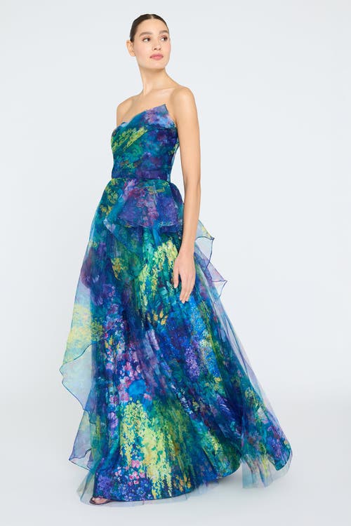 Theia Taya Strapless Organza Gown In Blue