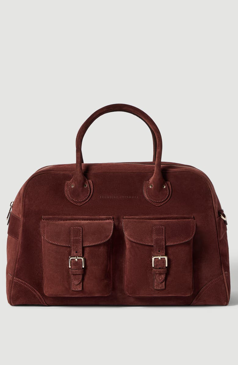 Brunello Cucinelli Suede weekender bag, Main, color, Burgundy