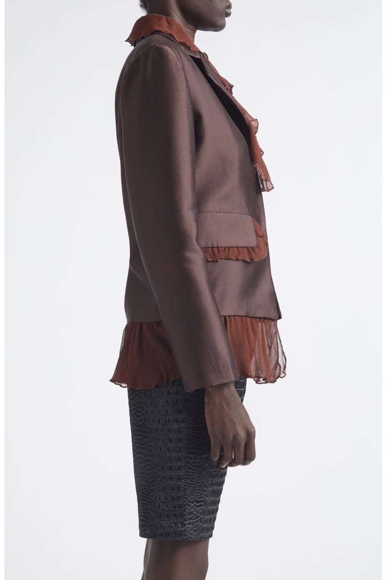 Arianna Ruffle Silk & Wool Jacket, Alternate, color, BROWN