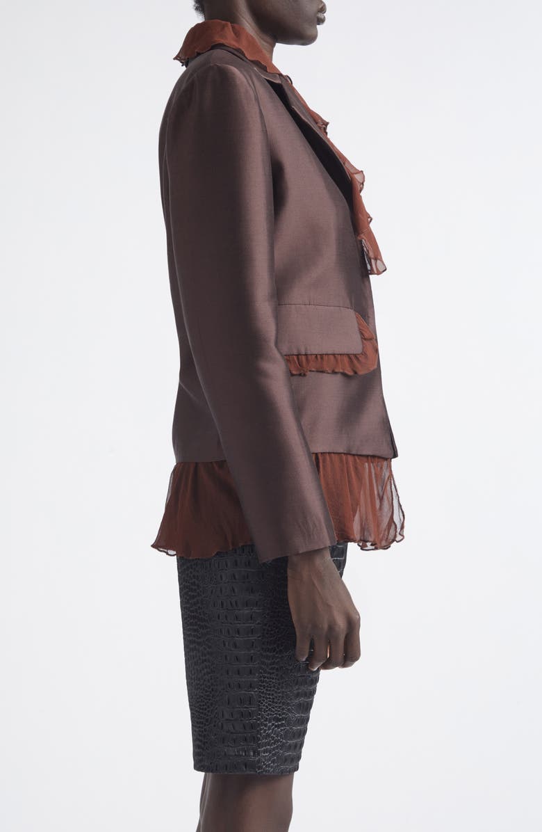 KIM SHUI Arianna Ruffle Silk & Wool Jacket, Alternate, color, Brown