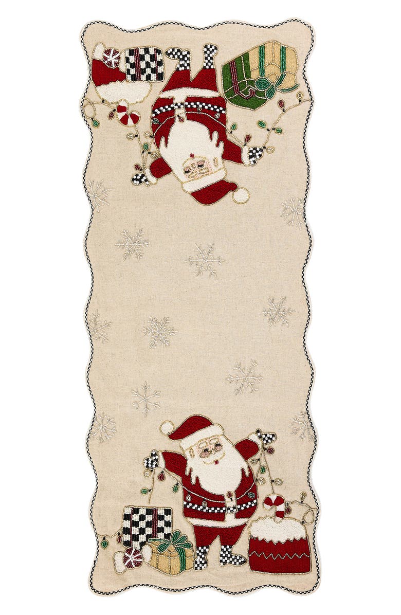 MACKENZIE CHILDS Santa with Tree Lights Beaded Runner, Main, color, Beige