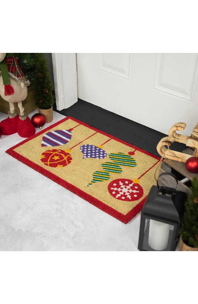 Northlight Tan Brown and Red Christmas Ornaments Coir Outdoor Doormat 18" x 30", Alternate, color, Brown