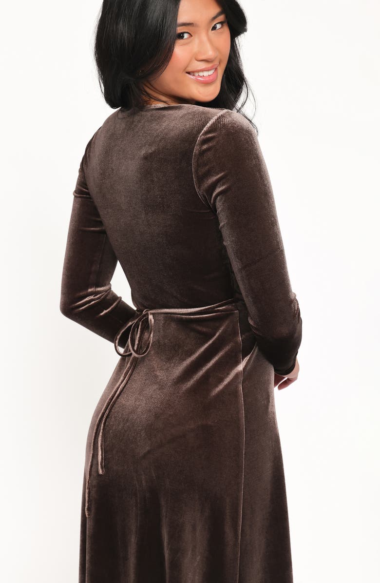 Petal & Pup Darby Long Sleeve Velvet Midi Wrap Dress, Alternate, color, Dark Brown
