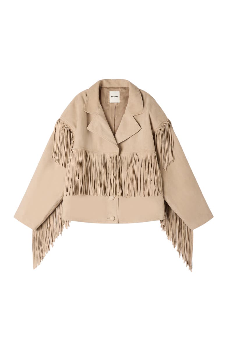SANDRO Fringed suede jacket, Alternate, color, Beige