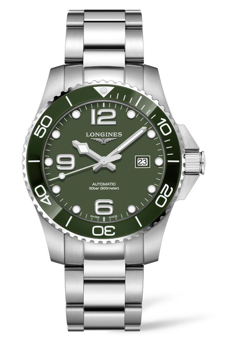 HydroConquest Automatic Bracelet Watch, 43mm, Main, color, GREEN/ SILVER