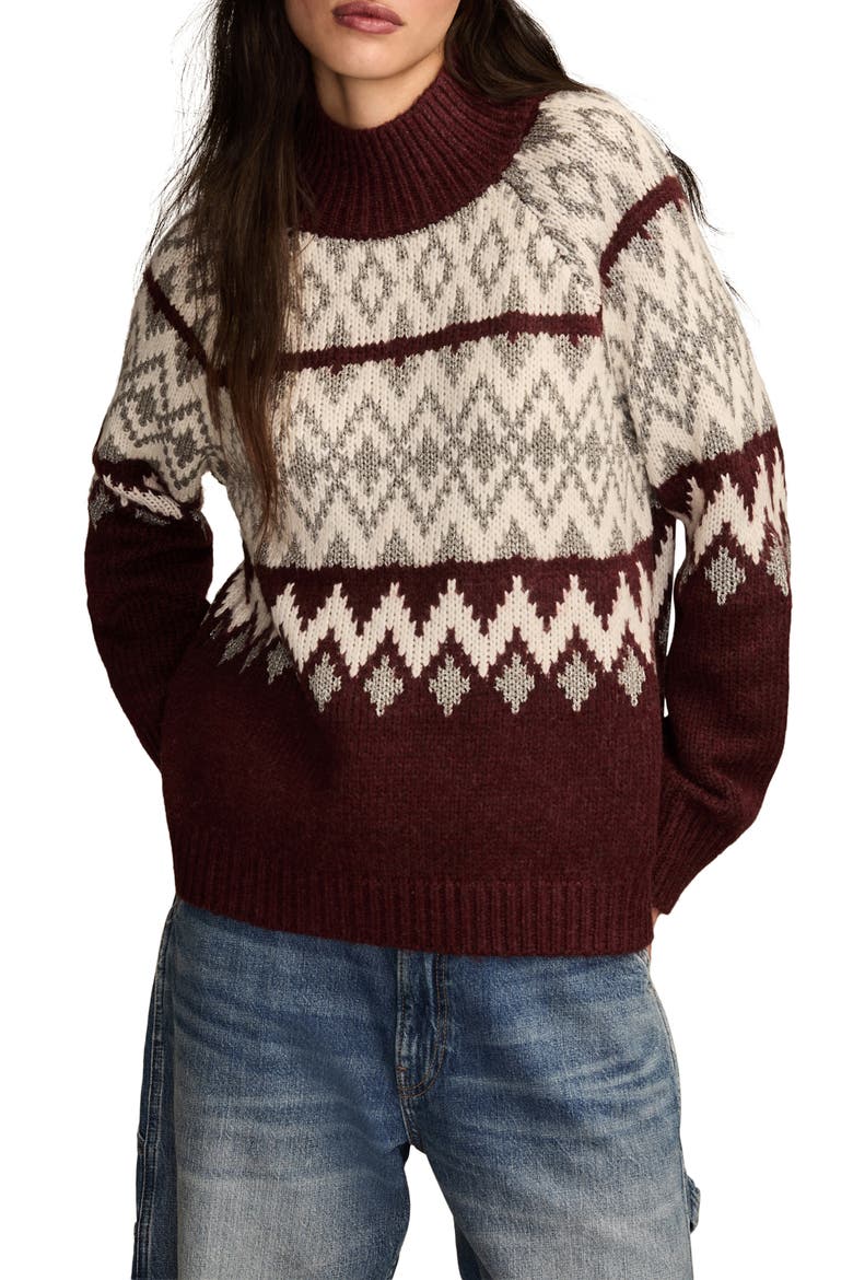 Fair Isle Mock Neck Sweater, Main, color, BURGUNDY HEATHER