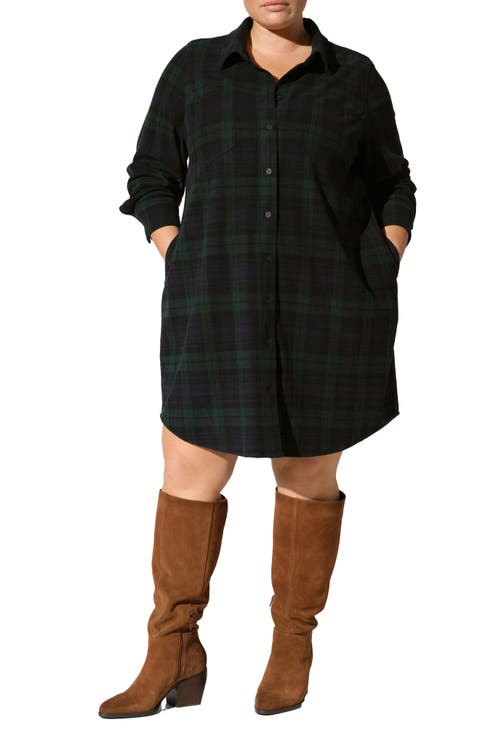 Long Sleeve Check Flannel Shirtdress (Plus)