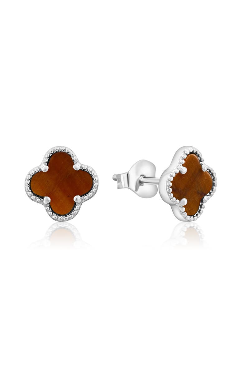 Sterling Silver Clover Stud Earrings, Main, color, Tiger Eye